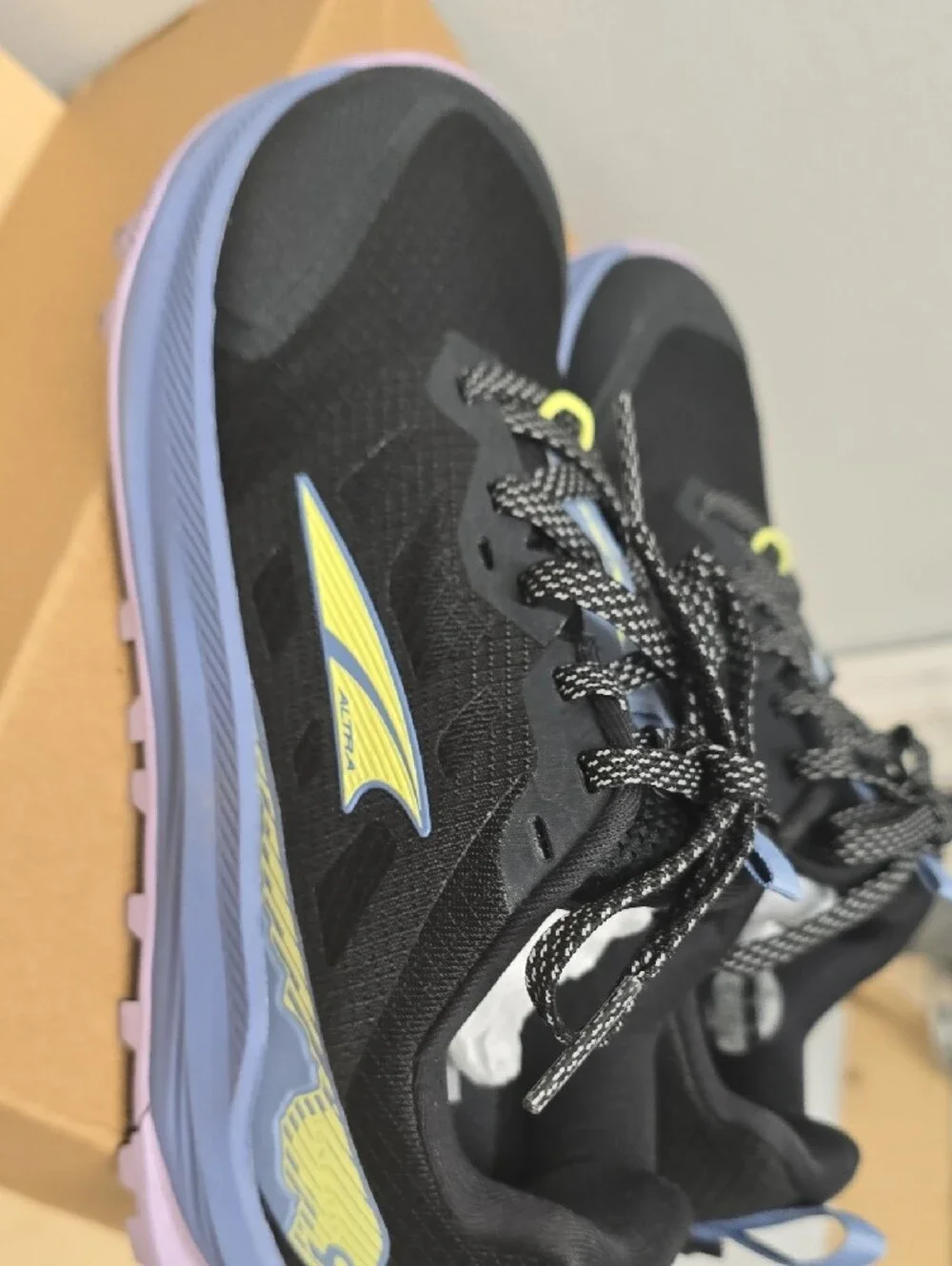 Altra Women's Lone Peak Black Trail Runners with Lavender and Yellow Size 7
